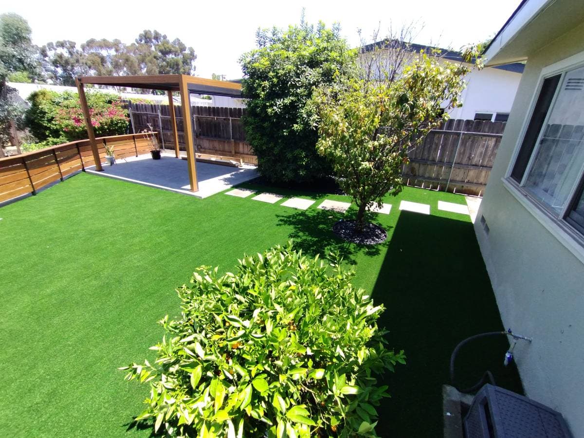 Picture of a a backyard with turf a patio cover and trimmed trees and bushes